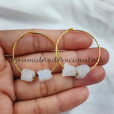 Natural Rainbow Moonstone Earrings, Rough Moonstone Jewelry, 14K Gold Plated Earrings, Sold By Pair